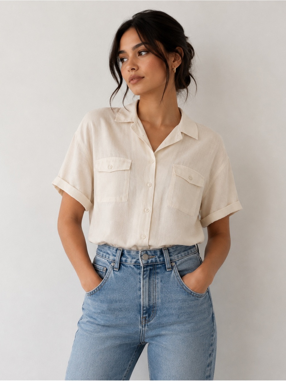 100% Linen Rachel Zoe Short-Sleeve Camp Collar Button-Down Shirt - Cream